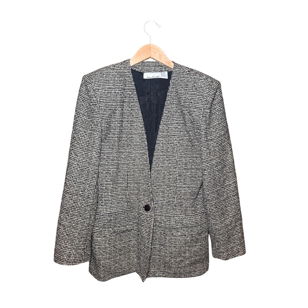 Anne Klein II Vintage Silk Wool Tweed Collarless Blazer Size 4 Preppy Colliage